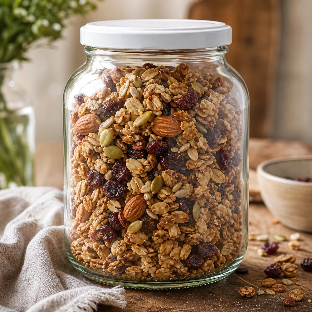 370ml owalny słoik UNiTWIST z białą pokrywką wypełniony musli orzechami suszonymi owocami granola słoik do przechowywania kuchnia