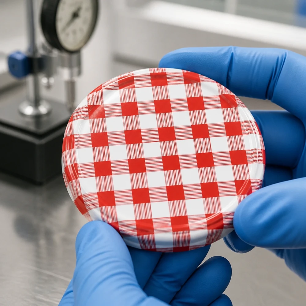 Badanie laboratoryjne zakrętki BasicSeal o średnicy 82 mm z czerwonym wzorem w kratkę, przeprowadzone w rękawiczkach
