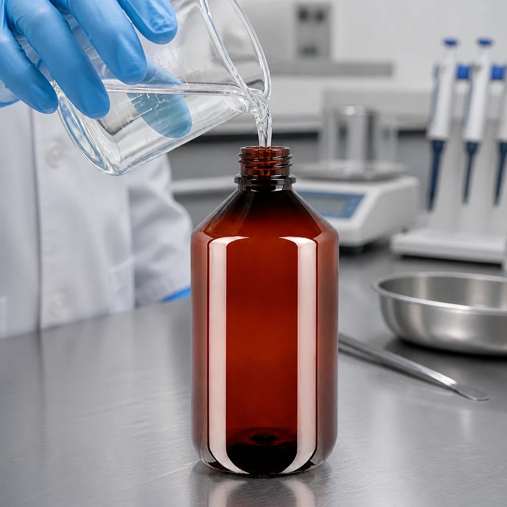 Zdjęcie laboratoryjne brązowej butelki PET o pojemności 500 ml podczas napełniania ją przezroczystym płynem