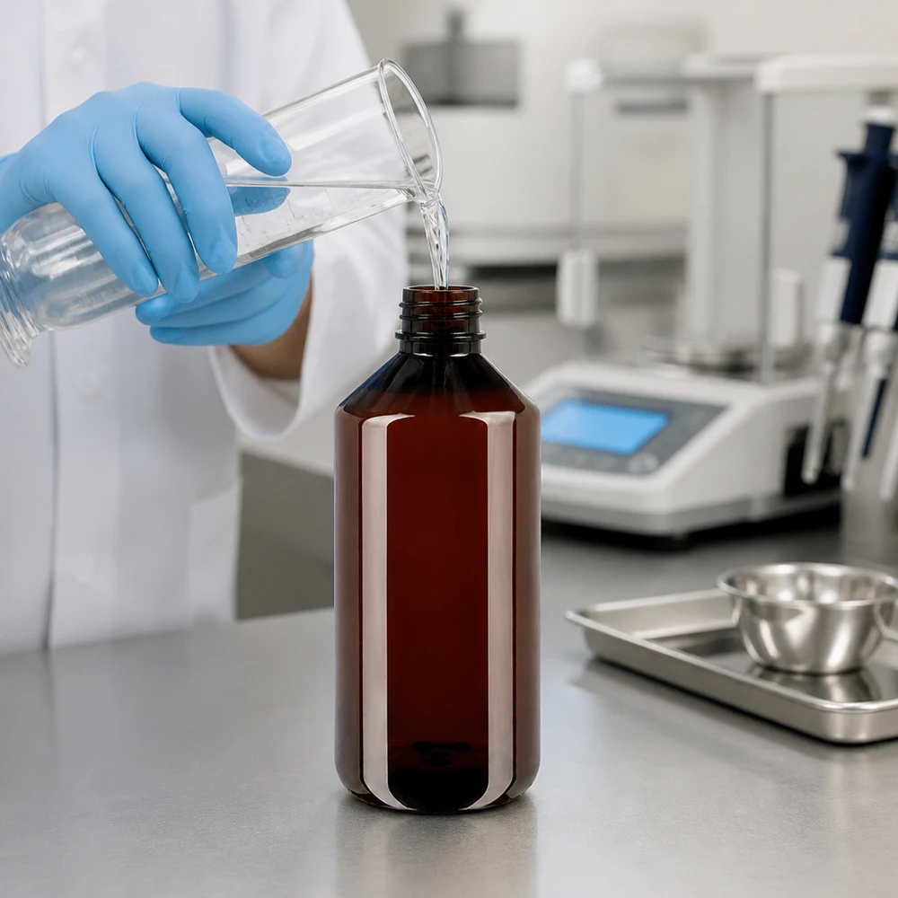 Butelka PET 1000ml z białą nakrętką OV + kubek. Blau behandschuhter Laborant füllt braune 1L Kunststoffflasche mit weißem Verschluss