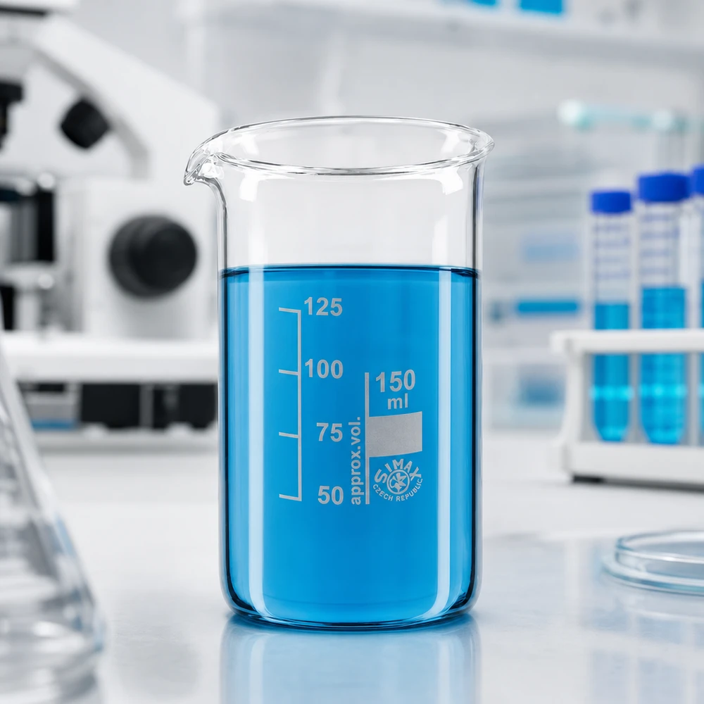 Naczynie laboratoryjne typu becher o pojemności 150 ml, wysokie, z niebieską cieczą na białym blacie roboczym