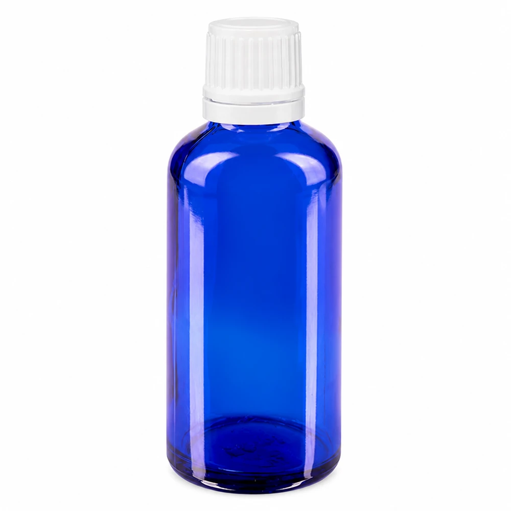 50 ml niebieska szklana buteleczka apteczna z białym zakraplaczem, średnica otworu 0,7 mm