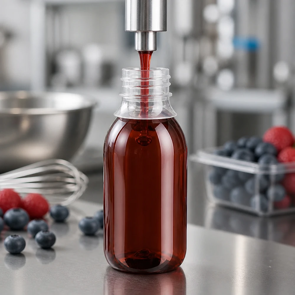 Butelka PET 250ml z białą nakrętką OV + kubek Serienfertigung bernsteinfarbener PET Flaschen 250ml mit Beerensaftfüllung in Lebensmittelproduktion