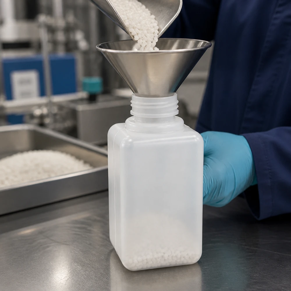 Butelka na chemikalia o pojemności 50 ml, wykonana z PE-HD, z wąską szyjką, w naturalnym, półprzezroczystym kolorze, wypełniona białymi granulkami