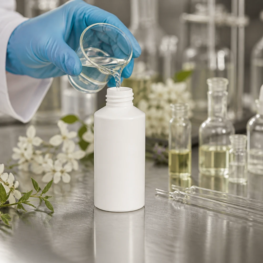 Biała, cylindryczna butelka z HDPE o pojemności 50 ml, bez nakrętki, jest napełniana płynem