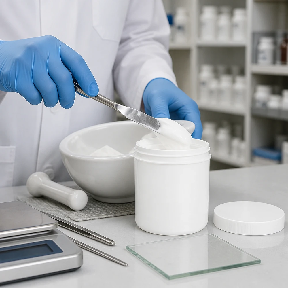 Farmaceuta napełnia białą, 50-gramową słoiczek na maść z polipropylenu (PP) za pomocą łopatki z porcelanowego moździerza w pomieszczeniu czystym