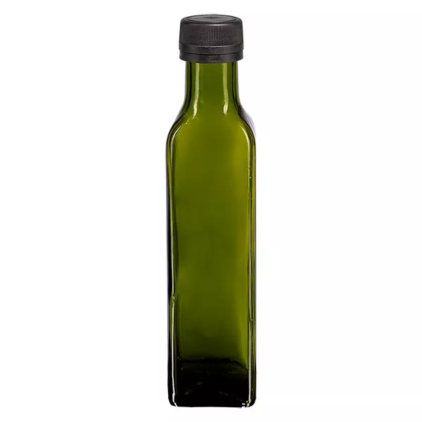 250 ml zakręcana butelka kwadratowa oliwkowozielona z czarną nakrętką