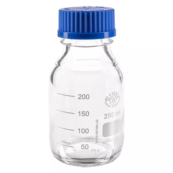 Butelka laboratoryjna gwintowana 250 ml z zakrętką, borokrzemianowa Butelka laboratoryjna gwintowana 250 ml z zakrętką, borokrzemianowa