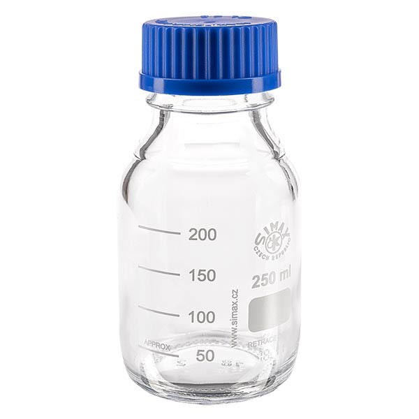 Butelka laboratoryjna gwintowana 250 ml z zakrętką, borokrzemianowa Butelka laboratoryjna gwintowana 250 ml z zakrętką, borokrzemianowa