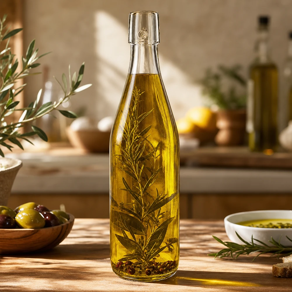 Butelka szklana 500 ml bez zamknięcia typu UNiTWIST 500 ml szklana butelka UNiTWIST wypełniona oliwą z oliwek i ziołami w kuchni śródziemnomorskiej jako przykład zastosowania