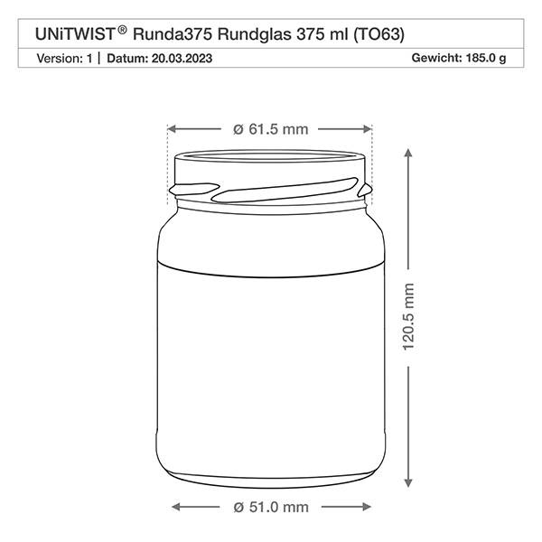 UNiTWIST Runda375 - Okrągły słoik o pojemności 375ml TO63 UNiTWIST Runda375 Rundglas 375ml TO63 technische Zeichnung mit Maßangaben Durchmesser 61mm Höhe 120mm Gewicht 185g