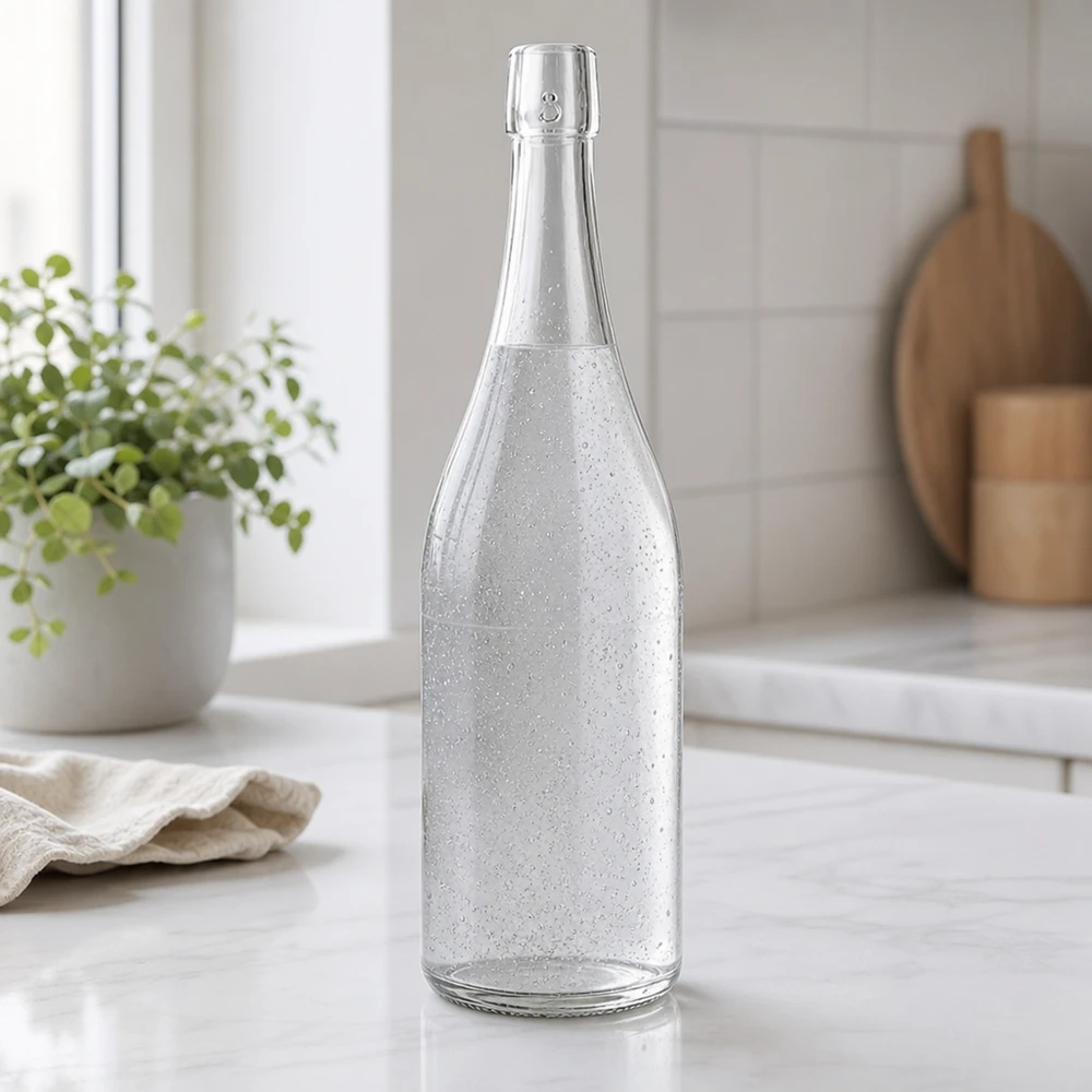 750ml szklana butelka UNiTWIST wypełniona wodą gazowaną nowoczesna kuchnia biały marmurowy blat atmosfera