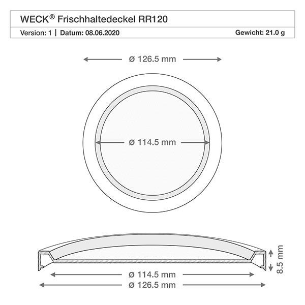 WECK/REX pokrywa utrzymująca świeżość RR120 Rysunek techniczny pokrywy WECK RR120 o wymiarach 126,5 mm średnica zewnętrzna 114,5 mm średnica wewnętrzna