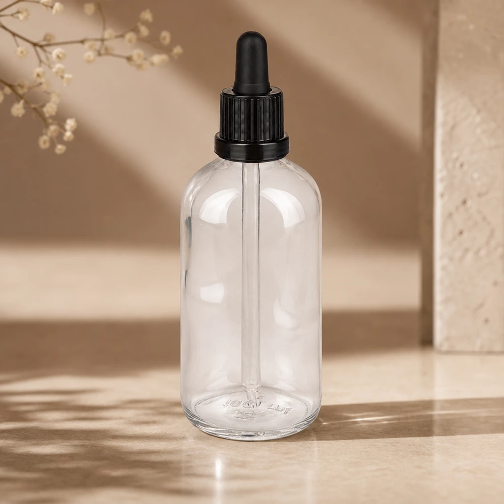 Butelka z zakraplaczem o pojemności 100 ml, z przezroczystego szkła, w kształcie Boston Round, z czarną nakrętką z pipetą ClearLine UT18