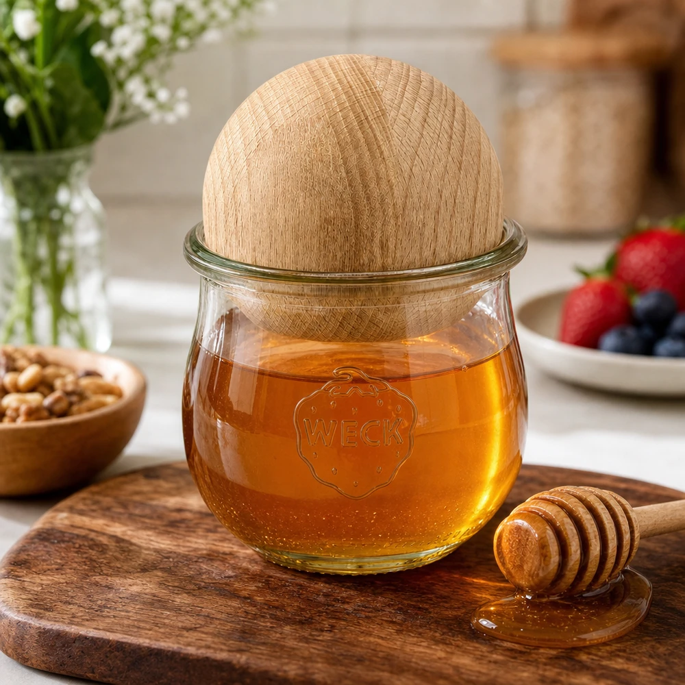 370ml słoik tulipan WECK RR80 z drewnianą kulką buk WECK tulipan słoik RR80 370ml z bukową kulką jako słoik na miód z łyżką miodu na drewnianej desce w naturalnej kuchni