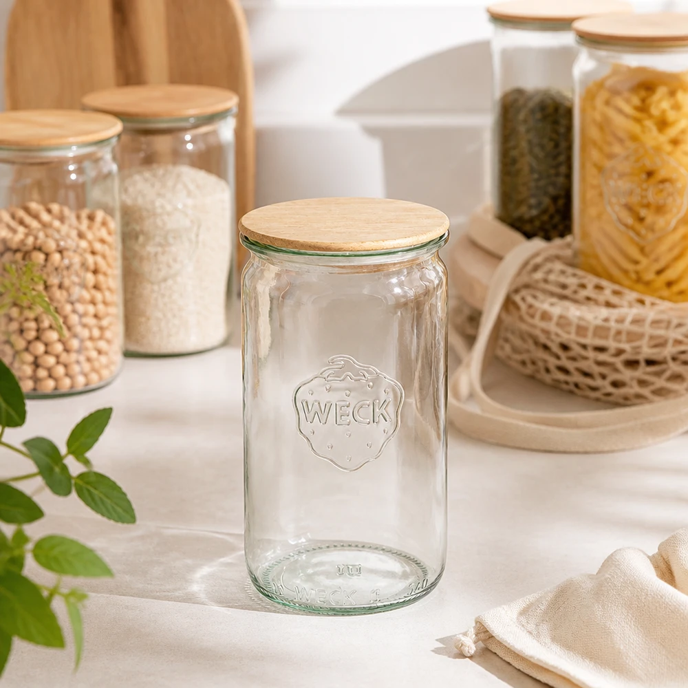 340 ml słoik cylindryczny WECK RR60 z drewnianą pokrywką WECK słoik 340ml RR60 pusty przezroczysty z drewnianą pokrywką w nowoczesnej kuchni z słoikami do przechowywania
