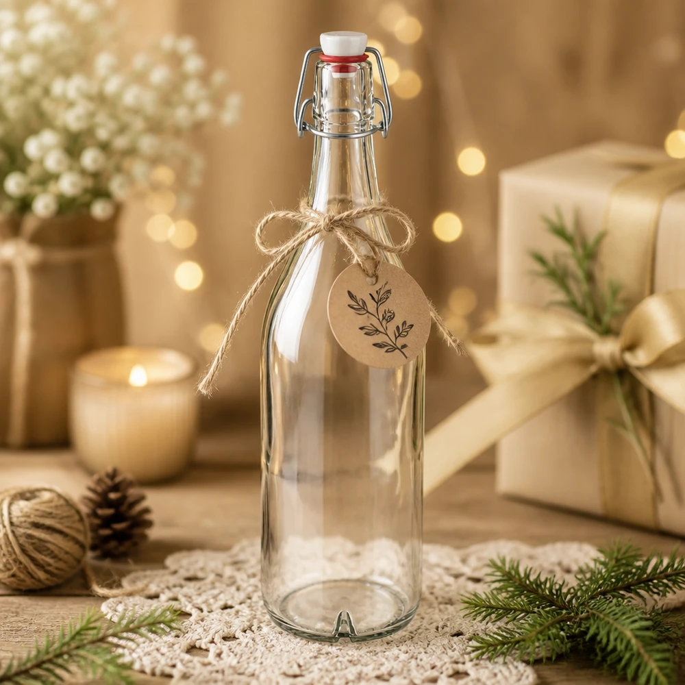 1000 ml szklana butelka z PVC ozdobiona na Boże Narodzenie z przywieszką prezentową w stylu rustykalnym zimowa dekoracja