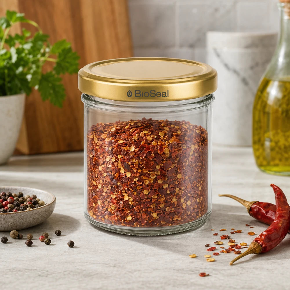 BioSeal 200g słoik na przyprawy wypełniony płatkami chili złota pokrywka Kuchenna scena z ziarnami pieprzu i chili
