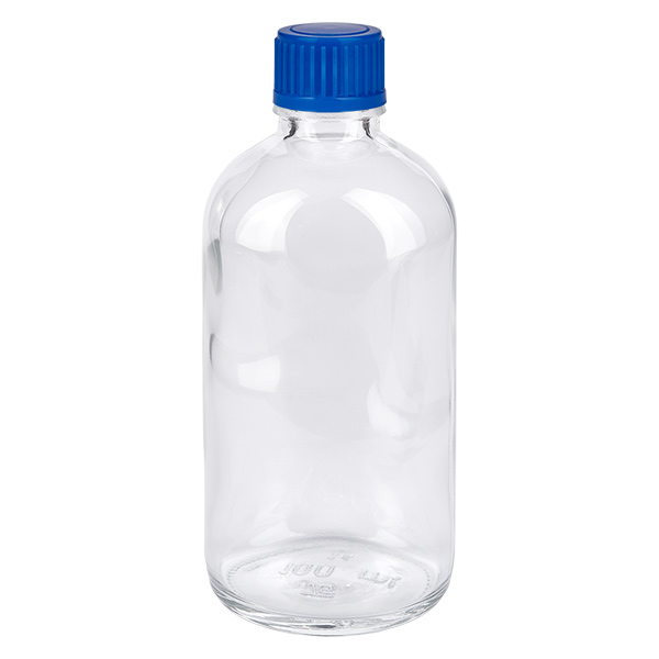 Butelka 100 ml 11 mm SV niebieski STD ClearLine UT18/100 Szklana butelka o pojemności 100 ml z niebieską zakrętką, ClearLine UT18, przezroczyste szkło