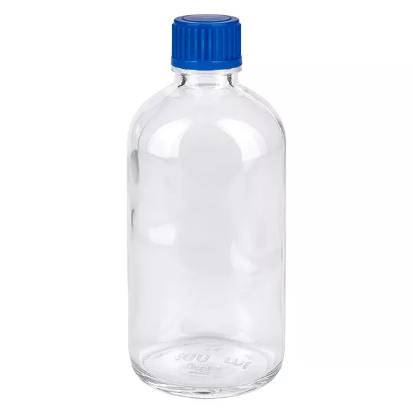 Butelka 100 ml 11 mm SV niebieski STD ClearLine UT18/100 Szklana butelka o pojemności 100 ml z niebieską zakrętką, ClearLine UT18, przezroczyste szkło