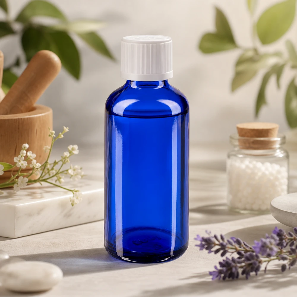 Butelka apteczna niebieska 50ml z kroplomierzem biała KiSi St Niebieska szklana butelka o pojemności 50 ml z białą zakrętką obok moździerza z lawendą i kulkami homeopatycznymi