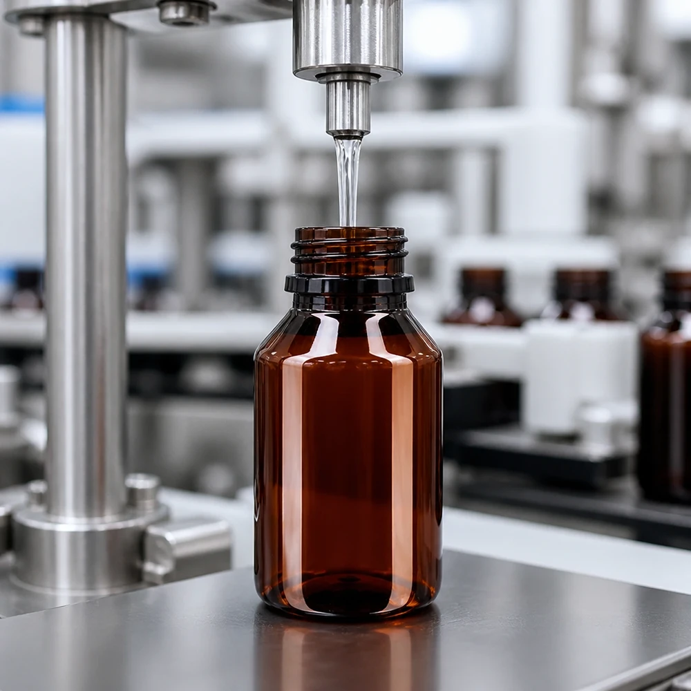 Braune PET Rundflasche 50ml mit engem Hals in professioneller Abfüllstation