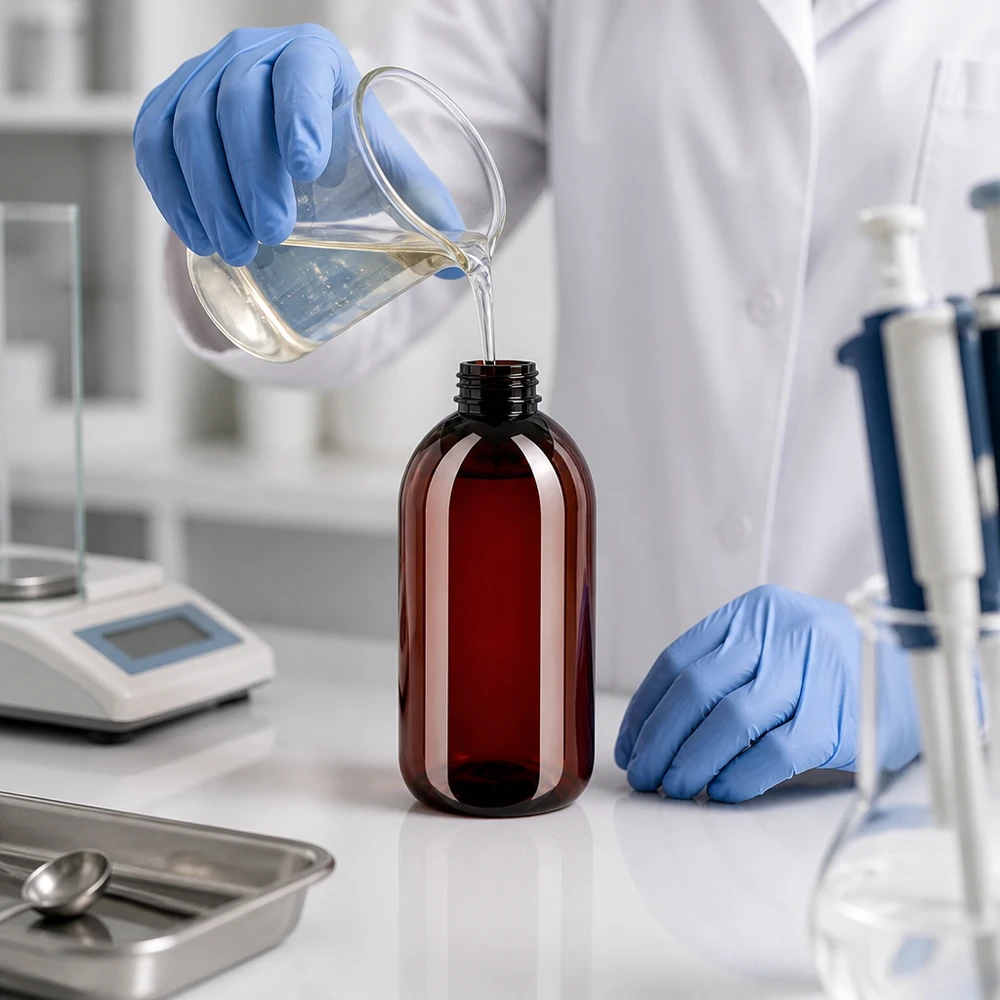 Butelka PET 250 ml z białą nakrętką typu flip-top. Naukowiec wlewa przezroczysty płyn do brązowej butelki PET o pojemności 250 ml w warunkach laboratoryjnych
