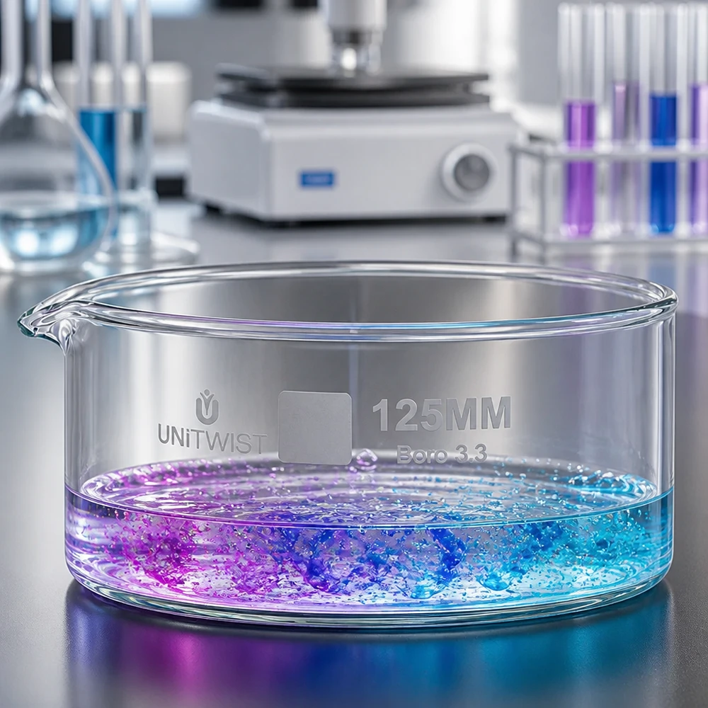 Miska krystalizacyjna 125 mm UNiTWIST Boro 3.3 z fioletowo-niebieskim roztworem reakcyjnym na powierzchni laboratoryjnej