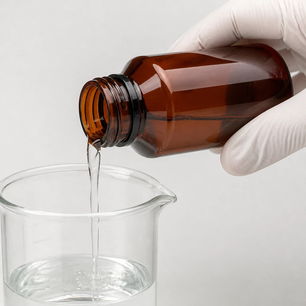 Ręka w rękawiczce przelewa przezroczysty płyn z brązowej butelki PET o pojemności 100 ml do szklanego pojemnika