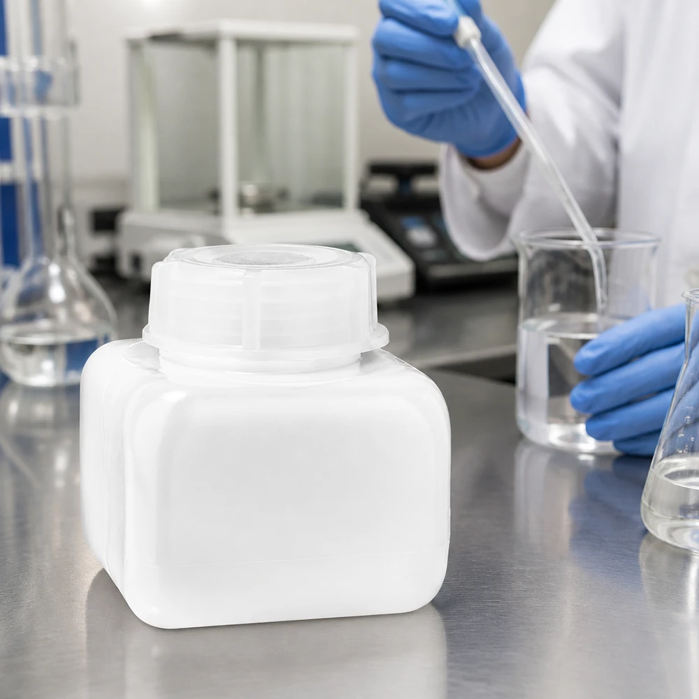 Butelka z PE-HD o szerokiej szyjce, 250 ml, w kolorze naturalnym, półprzezroczysta, na laboratoryjnym stole roboczym ze stali nierdzewnej