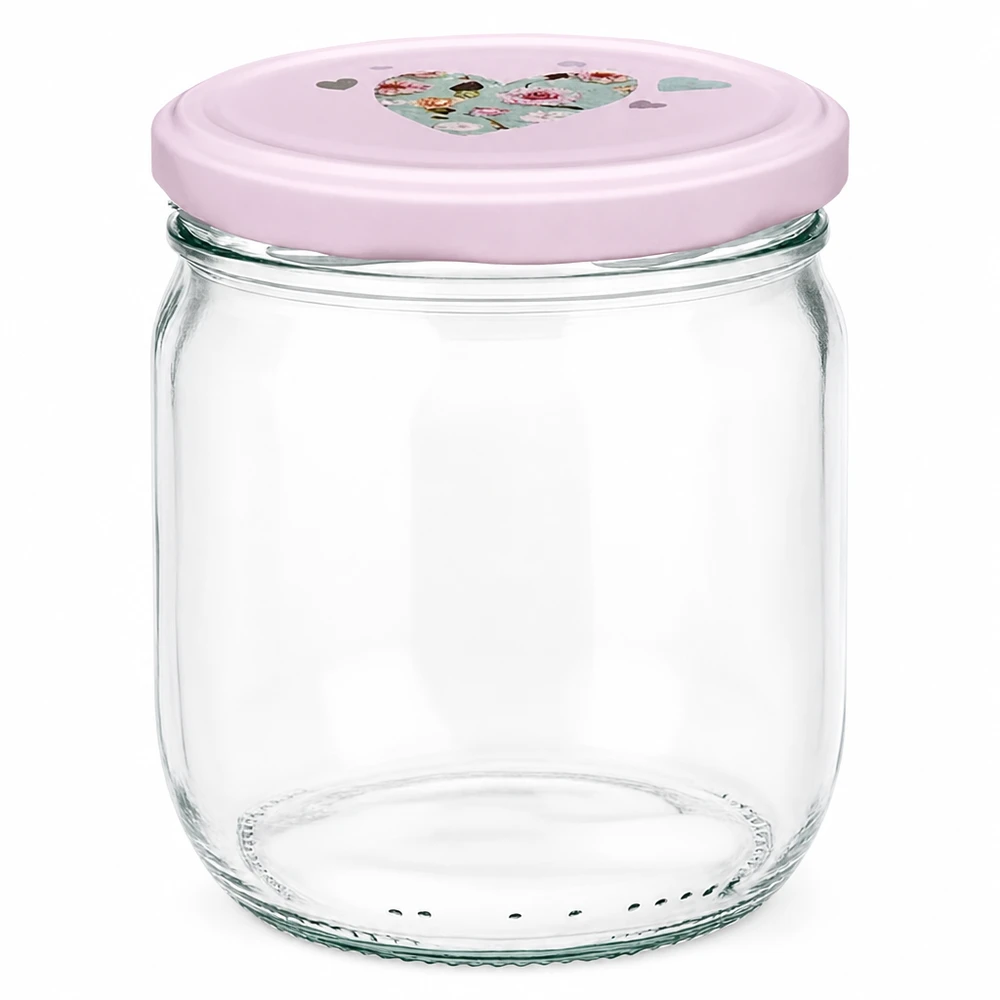 425 ml okrągłe szkło + BasicSeal pokrywka serce różowa UN.. 425ml Rundglas mit rosa BasicSeal Deckel mit Herzmotiv - hochwertiges Einmachglas für Küche und Vorratshaltung