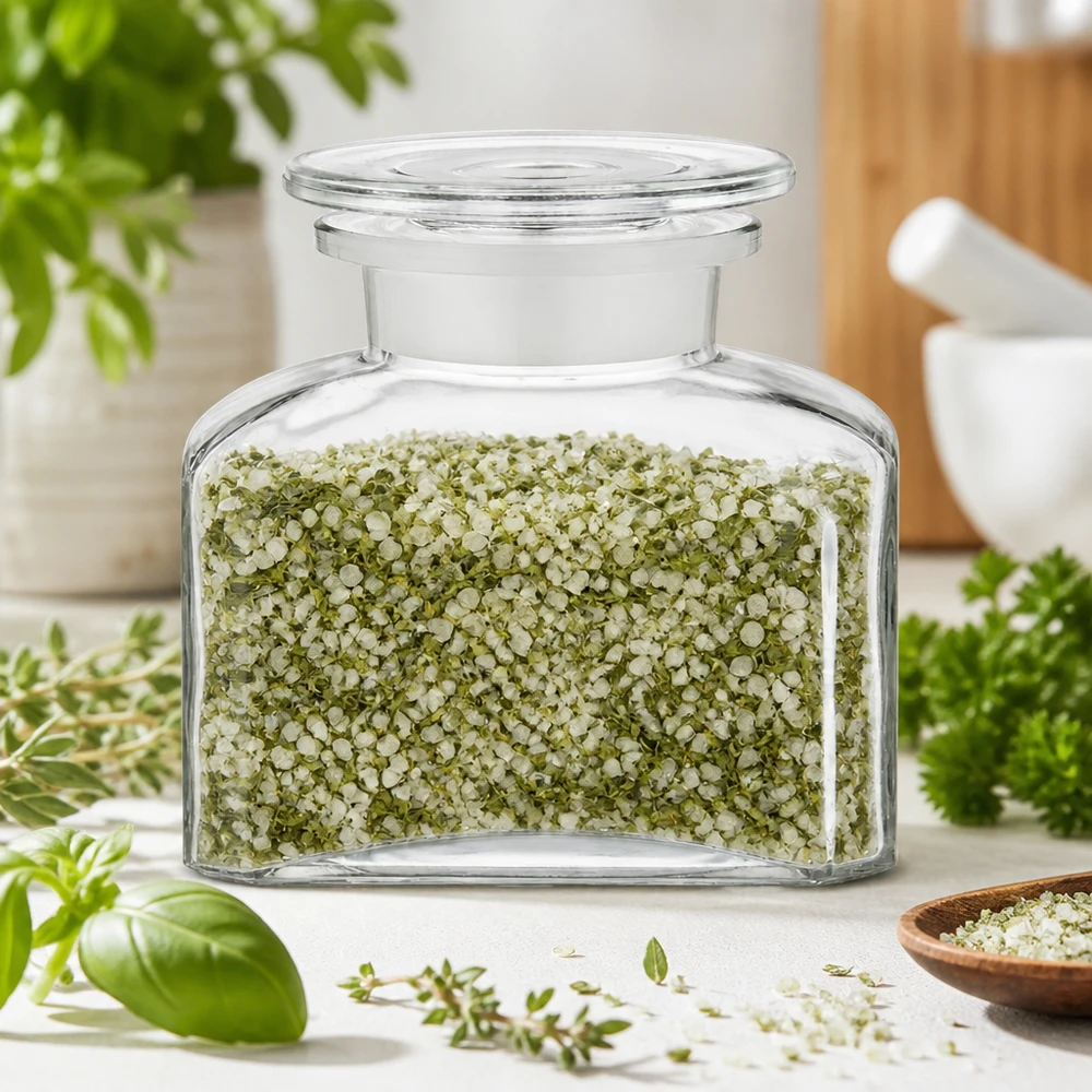 Pomysł na słoik na przyprawy: kwadratowa butelka aptekarska 150 ml z szeroką szyjką Przezroczysty słoik o pojemności 150 ml wypełniony solą ziołową, obok moździerza i świeżych ziół kuchennych
