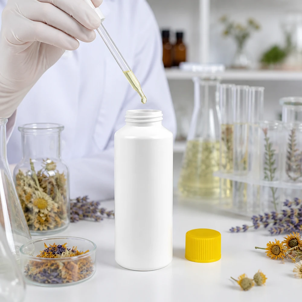Cylindryczna, biała butelka z tworzywa sztucznego o pojemności 100 ml z żółtą zakrętką wśród ziół leczniczych