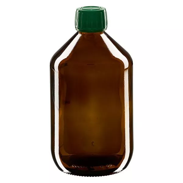 Butelka na lek 500 ml brązowa, zakrętka zielona z pierścieniem ApoGlas. Farmaceutyczna jakość produkcji UE. Gwint 28 mm (PP28). (syrop, butelka z lekkiego szkła)
