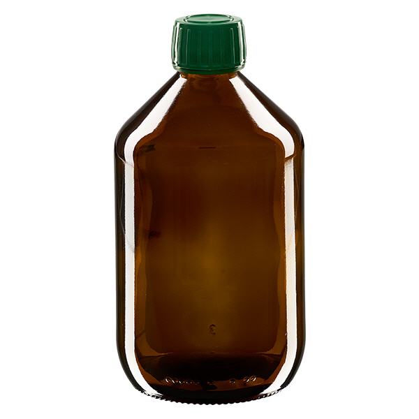 Butelka na lek 500 ml brązowa, zakrętka zielona z pierścieniem ApoGlas. Farmaceutyczna jakość produkcji UE. Gwint 28 mm (PP28). (syrop, butelka z lekkiego szkła) Butelka na lek 500 ml brązowa, zakrętka zielona z pierścieniem ApoGlas. Farmaceutyczna jakość produkcji UE. Gwint 28 mm (PP28). (syrop, butelka z lekkiego szkła)