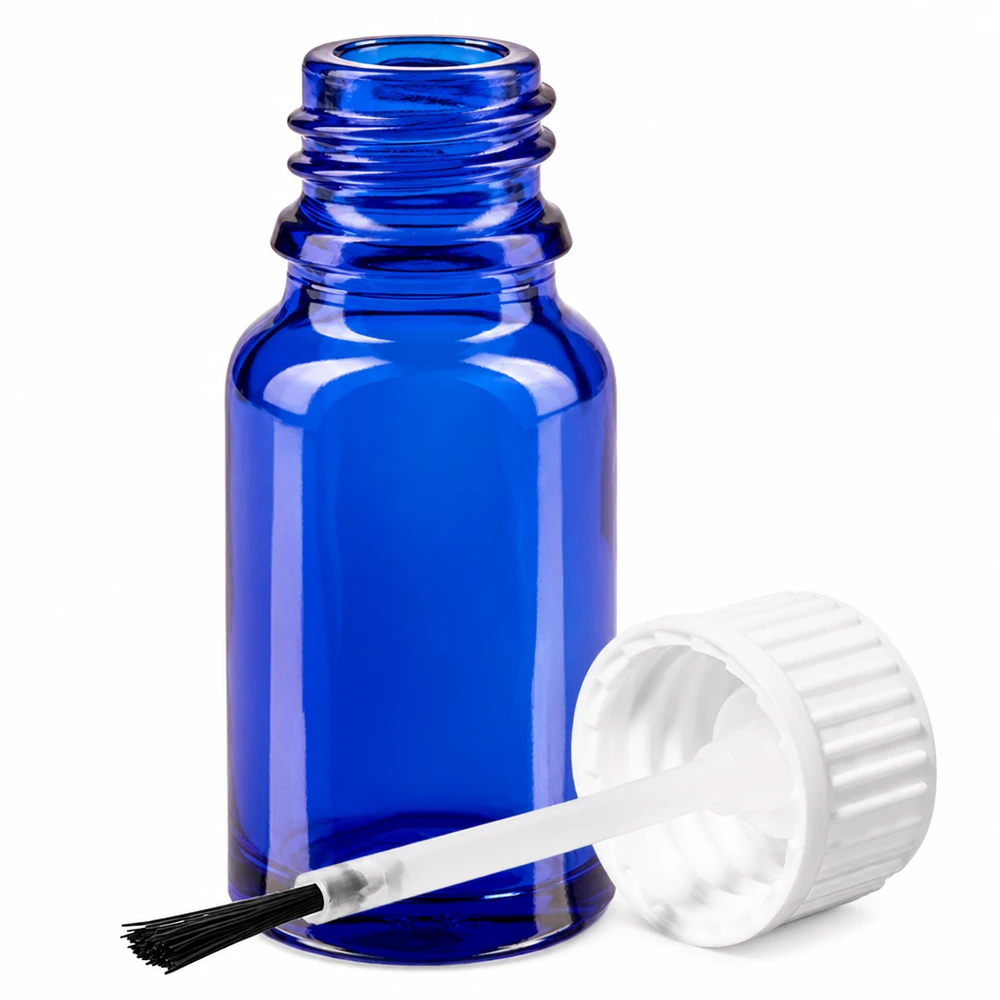 Butelka z pędzelkiem 10 ml biała STD BlueLine UT18/10 Niebieska szklana butelka 10 ml z aplikatorem pędzelkowym STD BlueLine UT18/10 do dokładnego dozowania