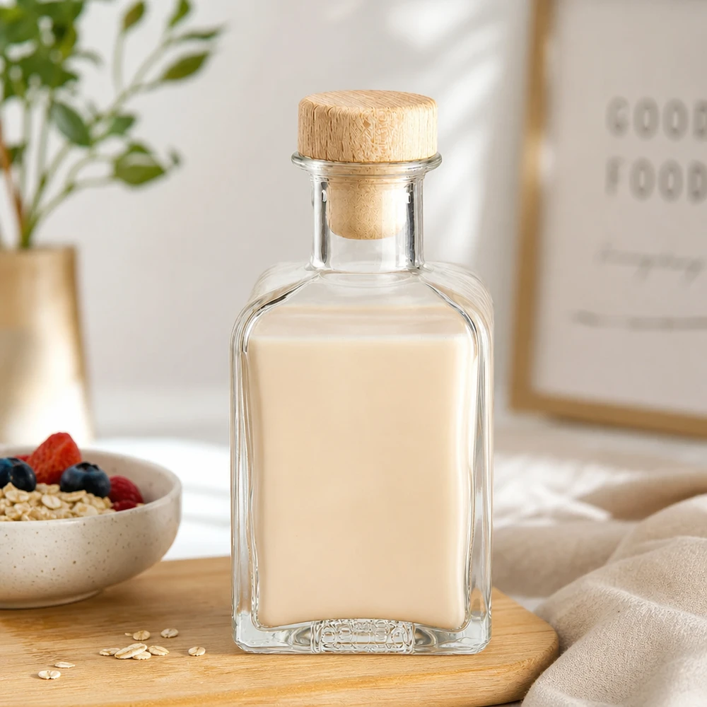 200ml szklana butelka Clara wypełniona mlekiem owsianym drewniany korek miska na płatki śniadaniowe jagody owies zdrowe odżywianie śniadanie