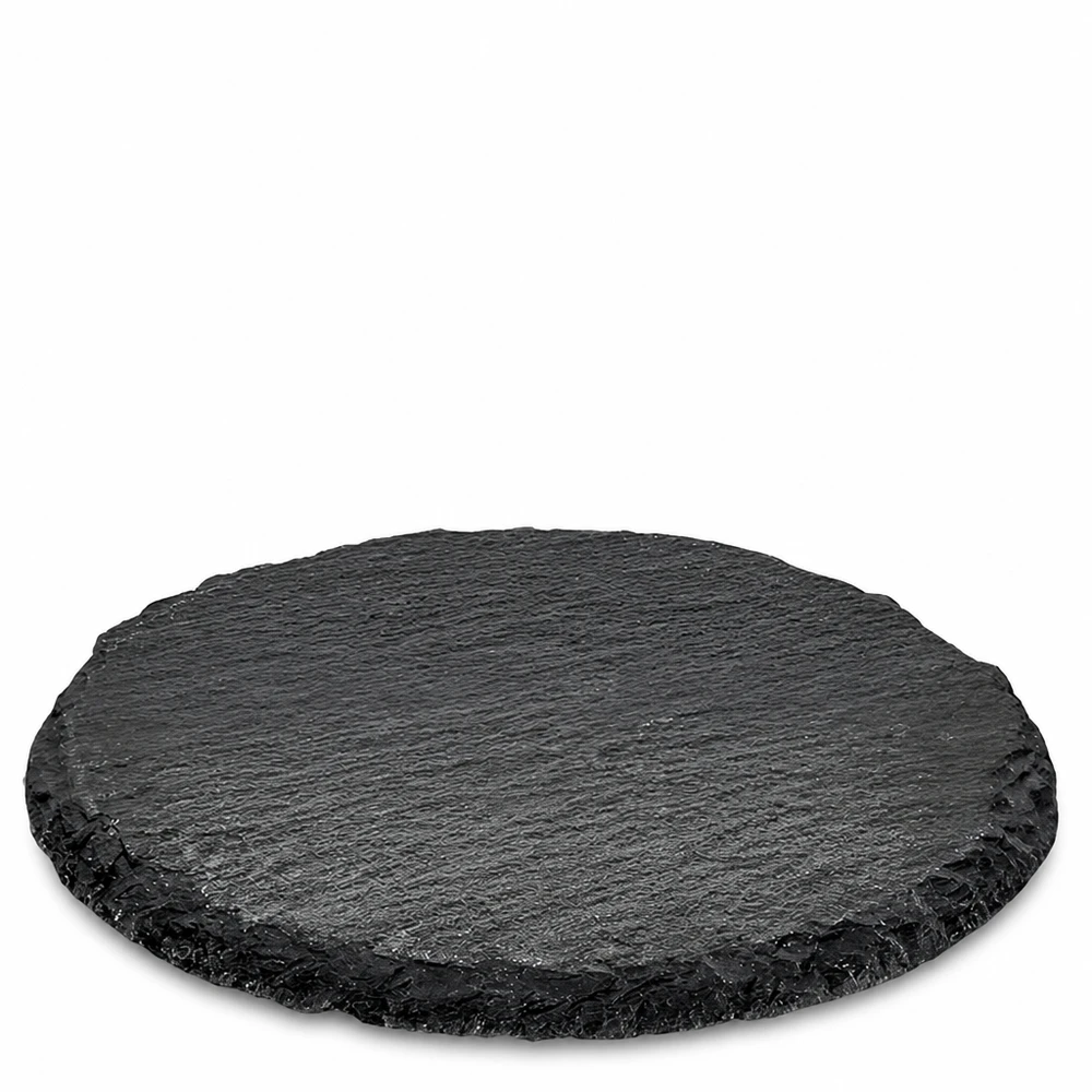 Okrągły talerz do serwowania z łupka Ø 150 mm Okrągły talerz z czarnego łupka o średnicy 15 cm jako półmisek do serwowania z fakturą naturalnego kamienia i chropowatą krawędzią