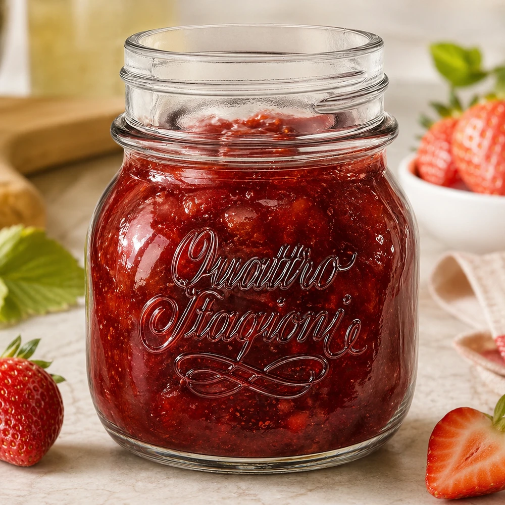 Słoik Quattro Stagioni 150ml wypełniony dżemem truskawkowym obok świeżych truskawek na drewnianym stole