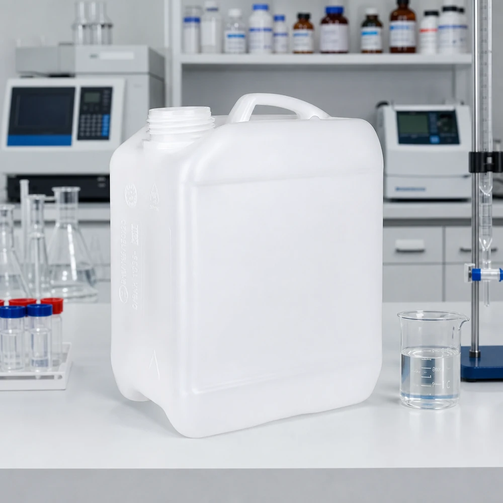Kanister 2,5 litra bez korka Prostokątny kanister o pojemności 2,5 litra bez zamknięcia, stojący na białym blacie laboratoryjnym obok zlewki