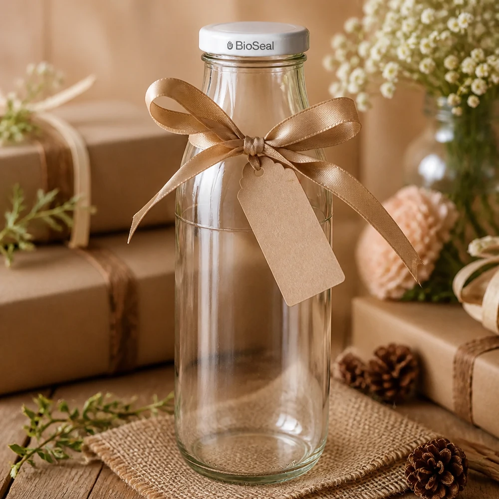 Butelka szklana 500 ml + pokrywka BioSeal biała UNiTWIST. Całkowicie szczelna z dużą pokrywką TO48. Do mleka, soków i lemoniady. Pusta szklana butelka o pojemności 500 ml zapakowana w prezent z brązową kokardką i przywieszką, z białą pokrywką BioSeal