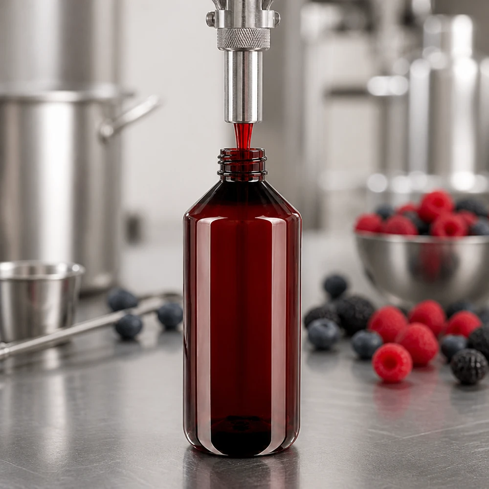 Butelka PET 1000 ml z białą nakrętką typu flip-top. Linia rozlewnicza napełnia brązową butelkę PET o pojemności 1000 ml z klapkowym zamknięciem czerwonym płynem