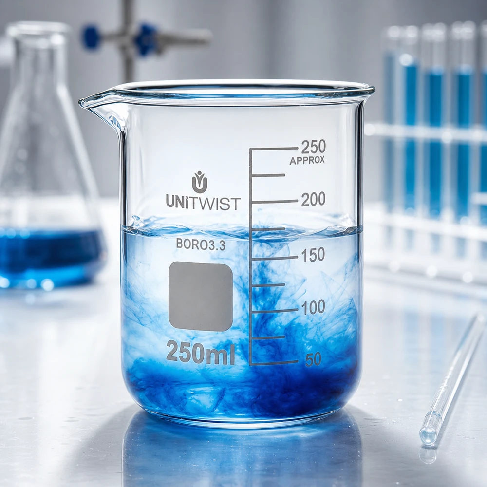 Zlewka 250 ml borokrzemianowa, niski kształt UNiTWIST Przezroczysta zlewka laboratoryjna o pojemności 250 ml, o niskim kształcie, z niebieskim barwnikiem, który rozpuszcza się w wodzie