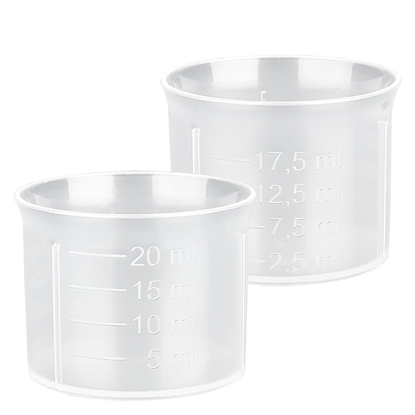 Przezroczysty kubek dozuj&#261;cy 20 ml ze skal&#261; ApoGlas. Jako&#347;&#263; farmaceutyczna. Gwint 28 mm. Np. do butelek na leki ApoGlas&#174; Euro.