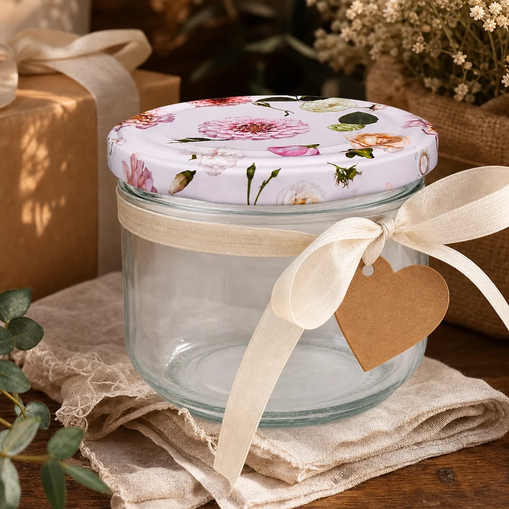Słoik z pokrywką 260 ml + pokrywka BasicSeal kwiat różowy UN.. Sturzglas 260ml mit rosa Blumendeckel als Geschenkverpackung - dekoratives Einmachglas mit Schleife und Herzanhänger