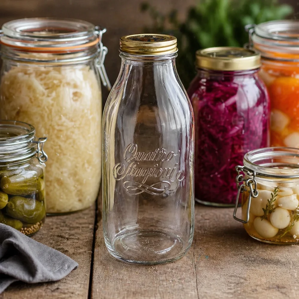 Butelka szklana 1000 ml „Quattro Stagioni” z pokrywką Szklana butelka Quattro Stagioni 1000 ml między słoikami do przechowywania sfermentowanych warzyw i marynat