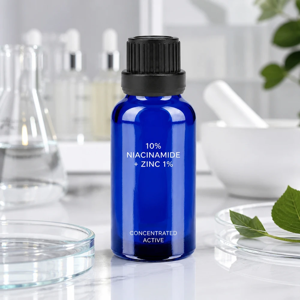 Mała szklana butelka o pojemności 20 ml z czarną zakrętką, idealna do serum niacynamidowego i składników aktywnych.