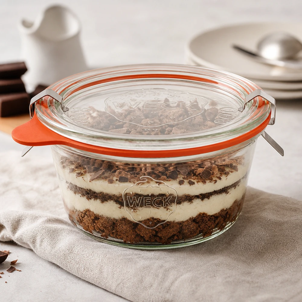 Kubki o pojemności 290 ml, niski komplet WECK RR100 Kubki WECK 290ml RR100 wypełnione warstwowym deserem Tiramisu pokazują wszechstronne zastosowanie jako słoik na deser