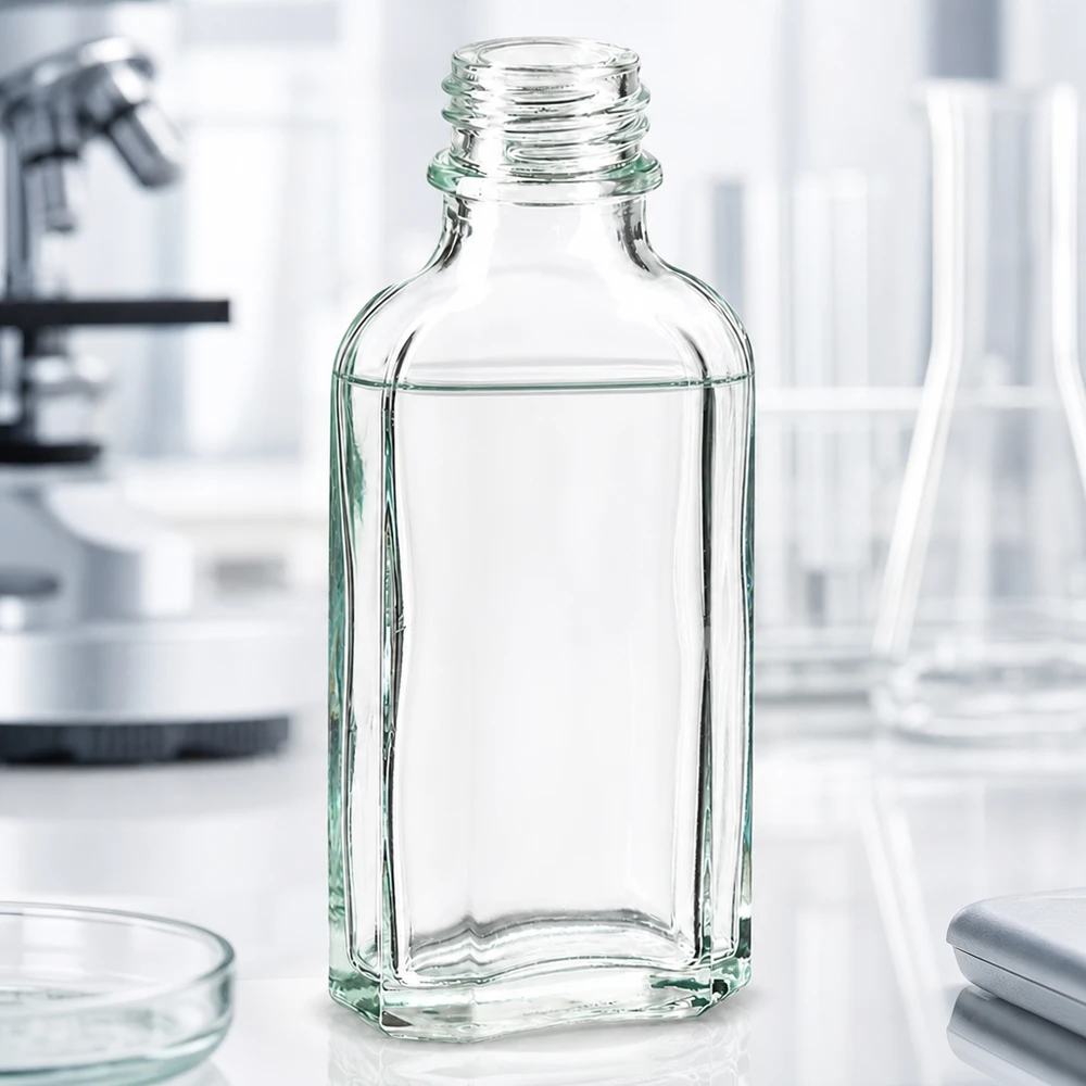 Butelka Meplat 50 ml przezroczysta DIN22 Pusta, przezroczysta butelka Meplat o pojemności 50 ml z gwintem DIN22 w laboratorium