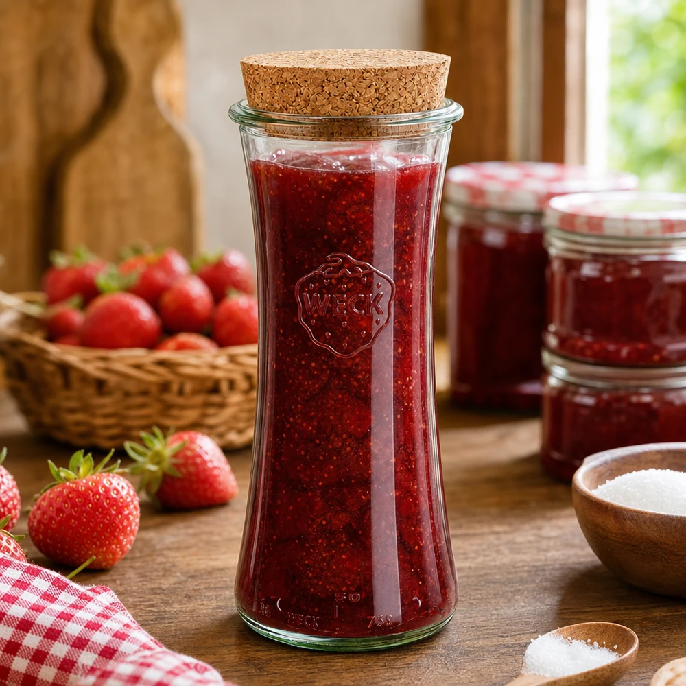 WECK RR80 słoik do przetworów 700ml z korkową pokrywką wypełniony dżemem truskawkowym na drewnianym stole obok świeżych truskawek